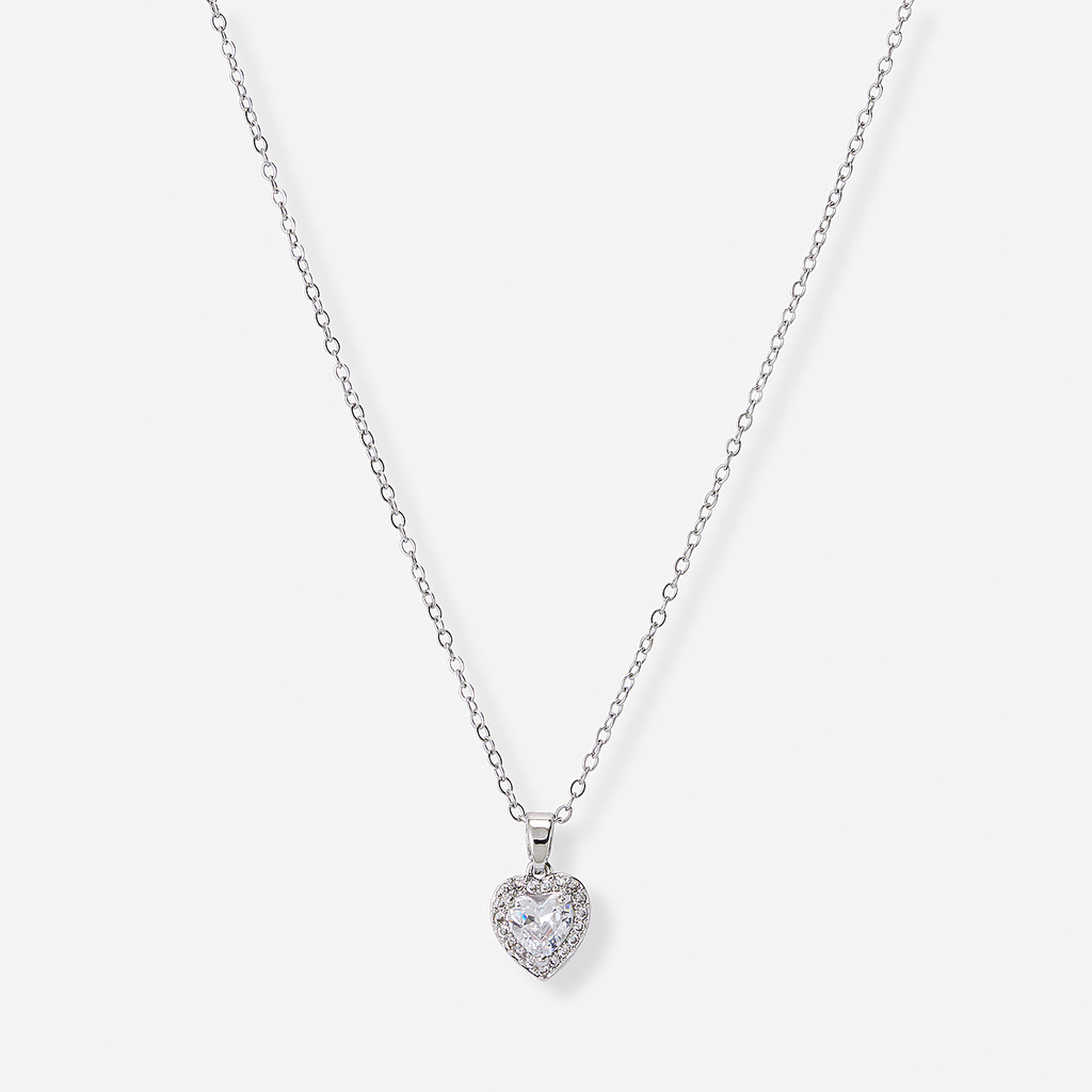 Silverfärgat halsband, hjärta med halo - 42+7 cm