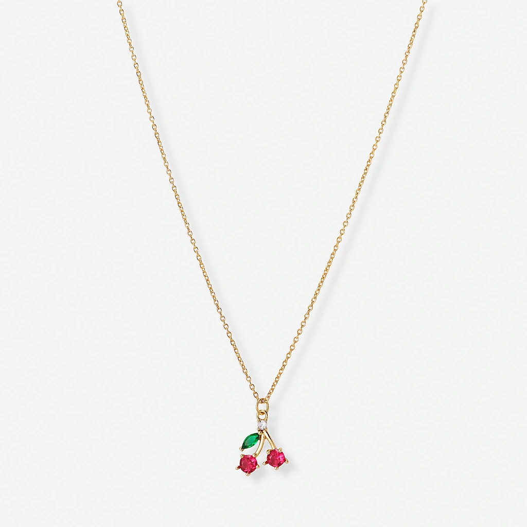 Guldfärgat halsband, körsbär med blad - 42+7 cm