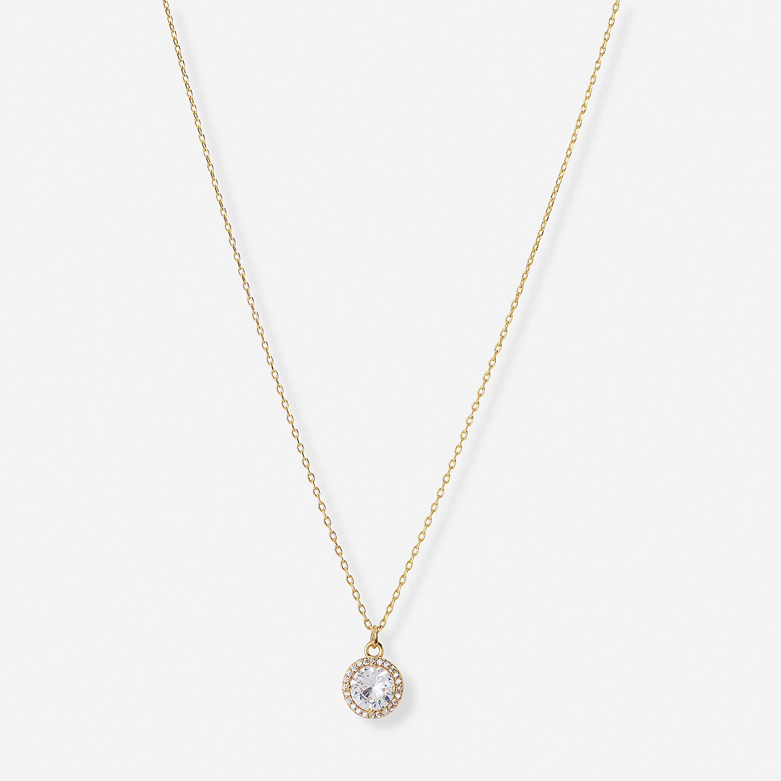 Guldfärgat halsband, rund sten med halo - 42+7 cm