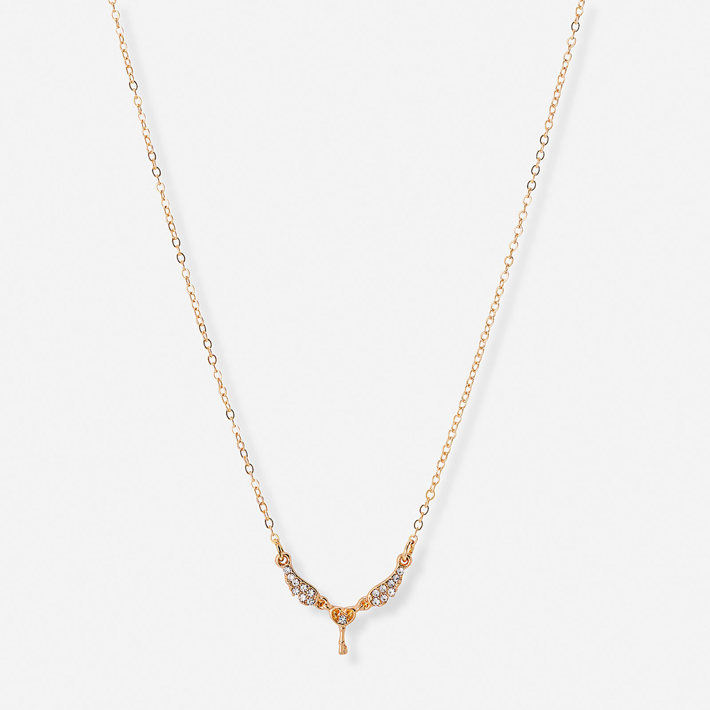 Guldfärgat halsband, vingar och nyckel - 42+7 cm