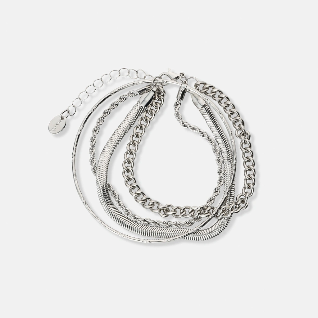 Silverfärgade armband, 3 kedjor och bangle - 17+5 cm