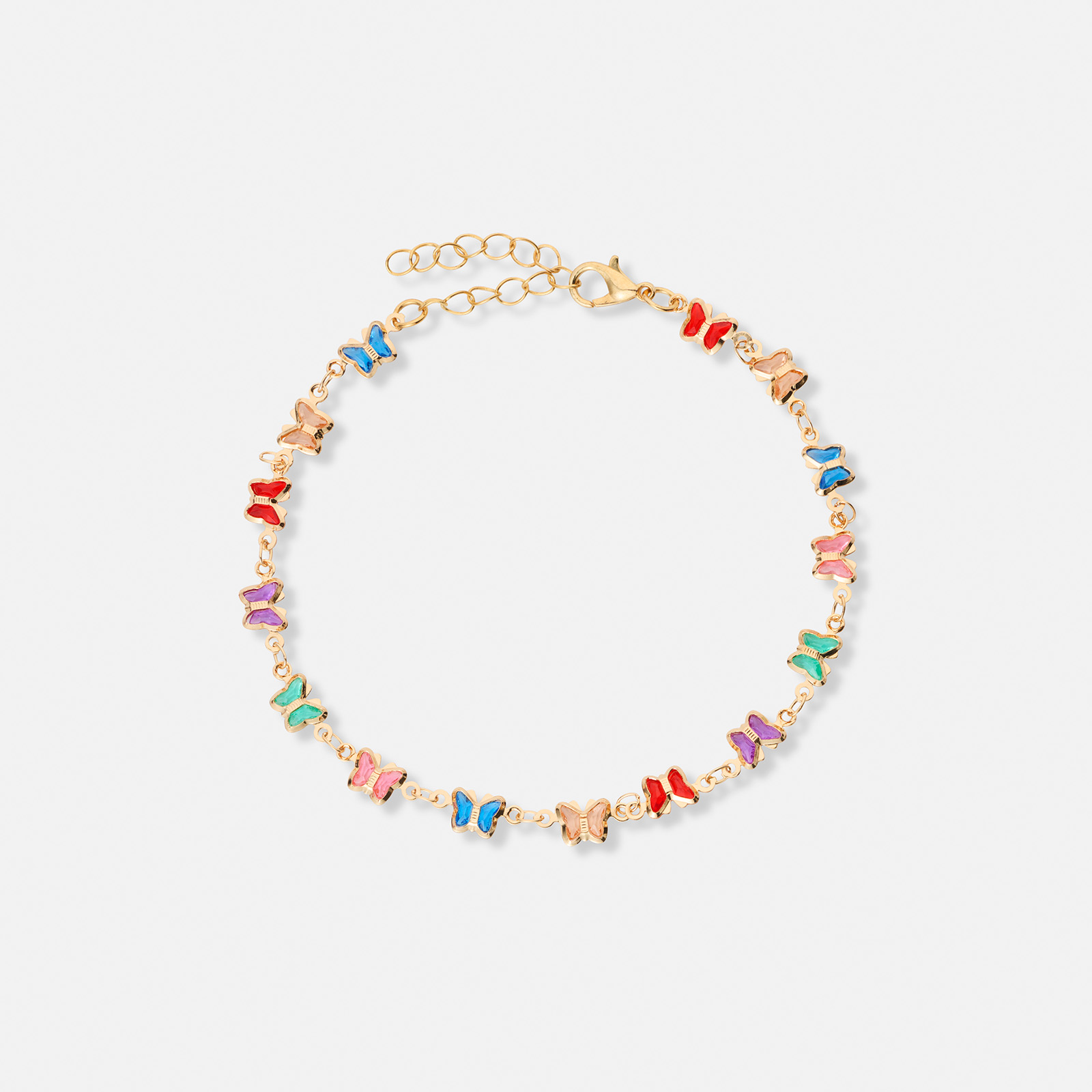 Guldfärgat armband, färgglada fjärilar - 17+5 cm