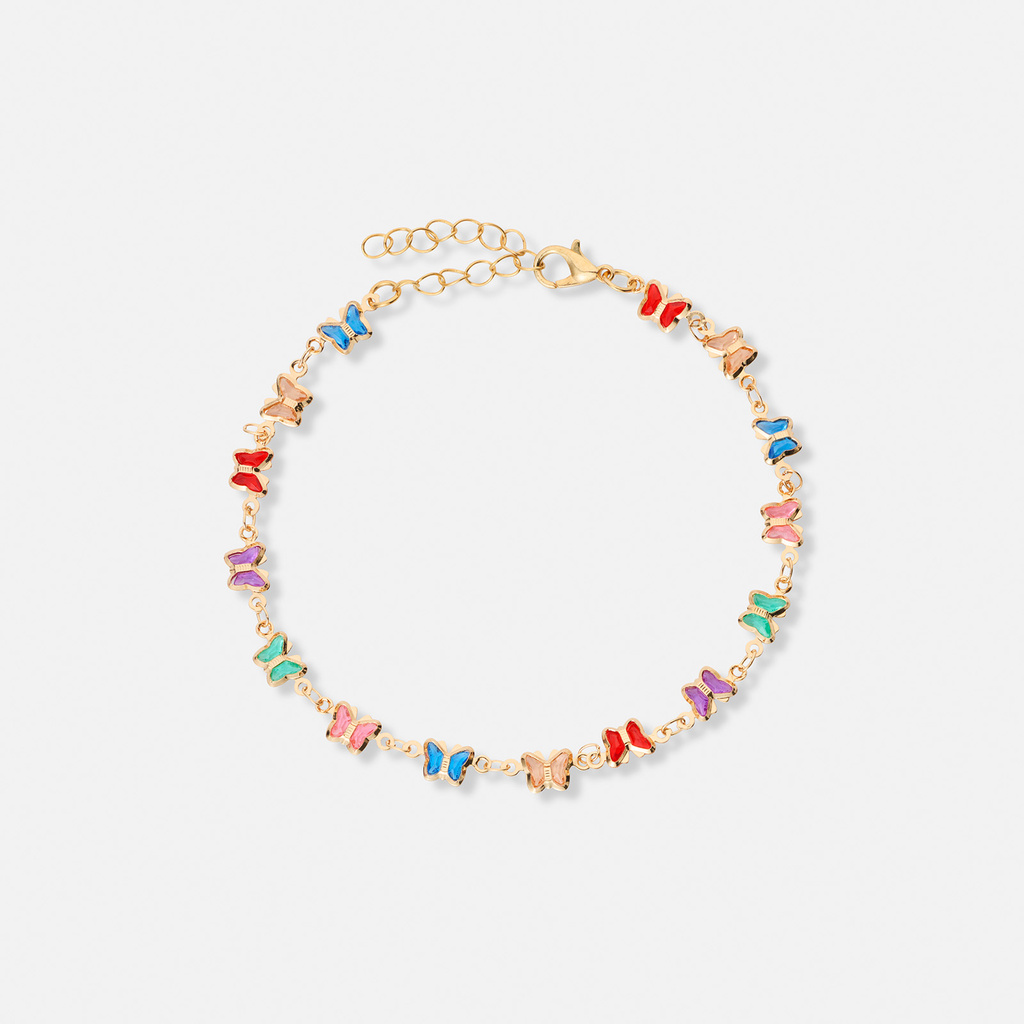 Guldfärgat armband, färgglada fjärilar - 17+5 cm