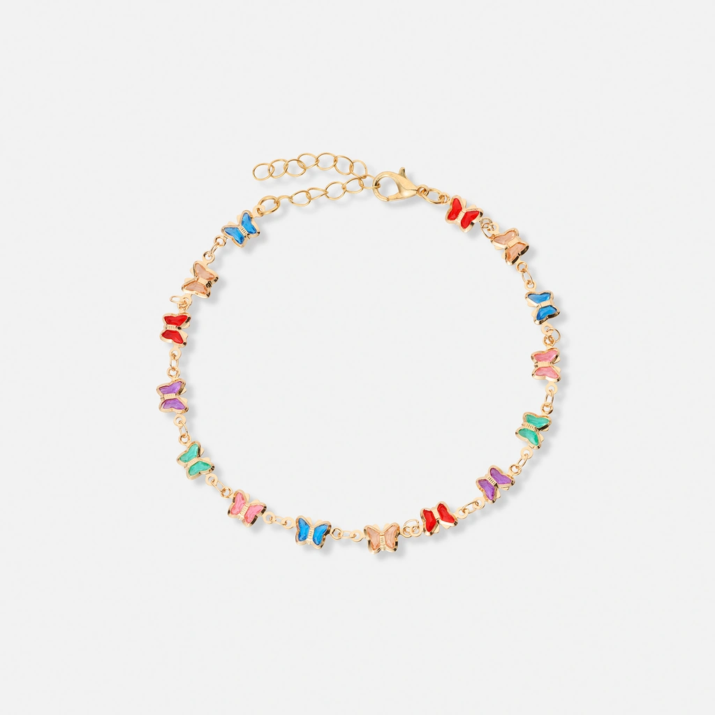 Guldfärgat armband, färgglada fjärilar - 17+5 cm