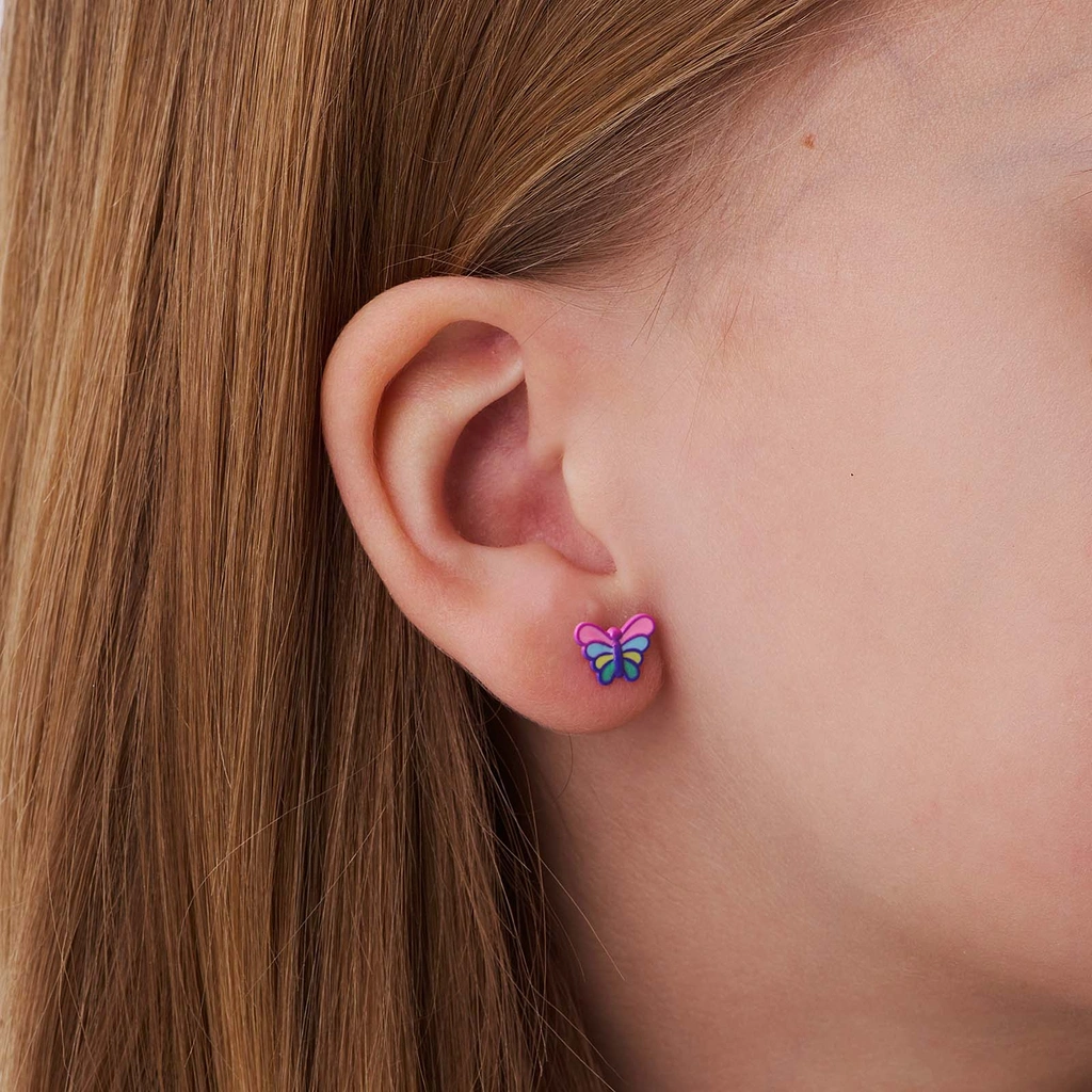 Silverörhängen för barn - flerfärgade fjärilar 9x7mm