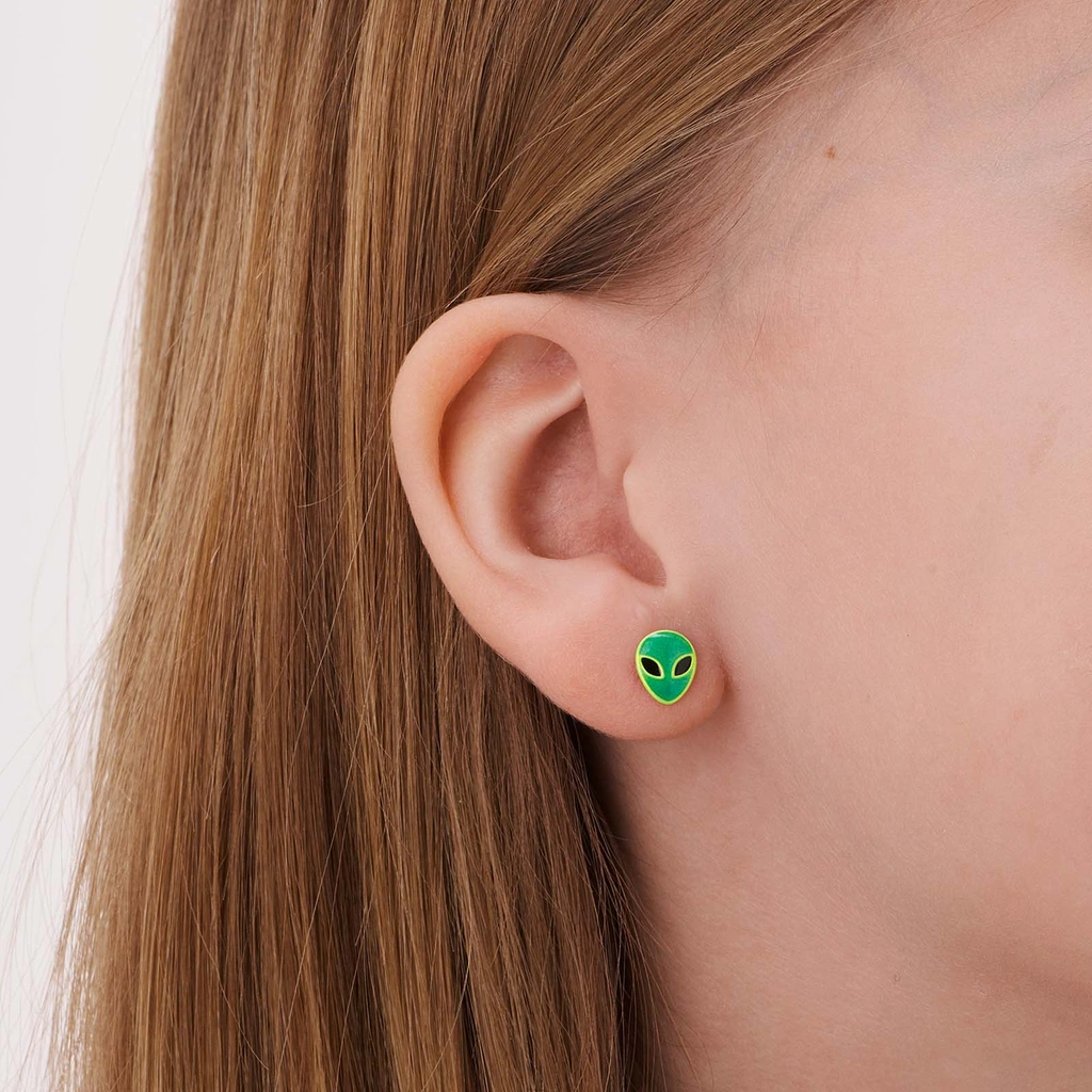 Silverörhängen för barn, gröna aliens - 6x8mm