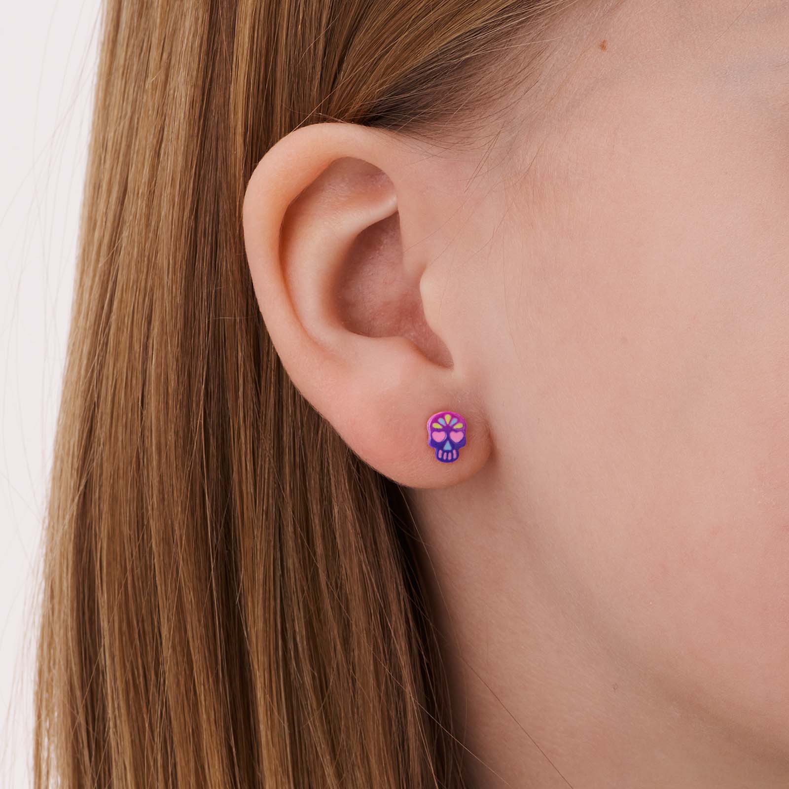 Silverörhängen för barn, lila döskallar - 5x7mm