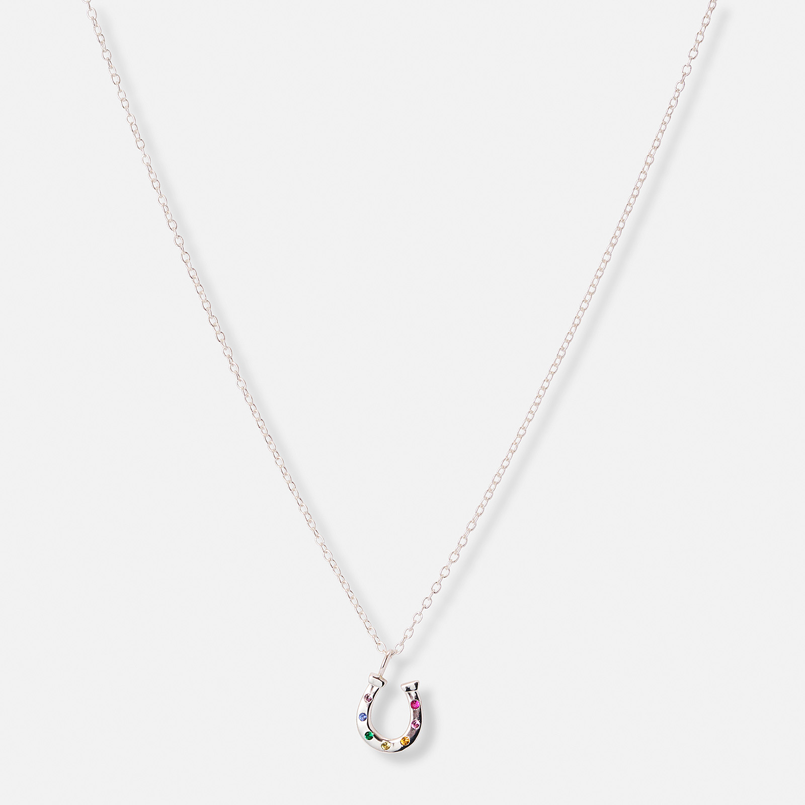 Silverhalsband för barn, hästsko färgade stenar - 36+2cm