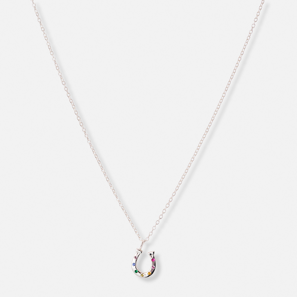 Silverhalsband för barn, hästsko färgade stenar - 36+2cm