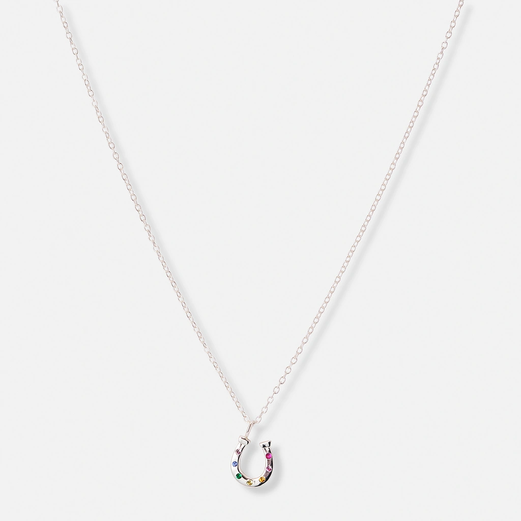 Silverhalsband för barn, hästsko färgade stenar - 36+2cm