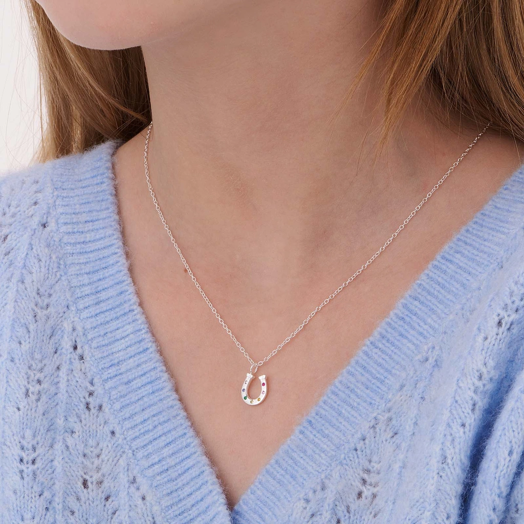 Silverhalsband för barn, hästsko färgade stenar - 36+2cm