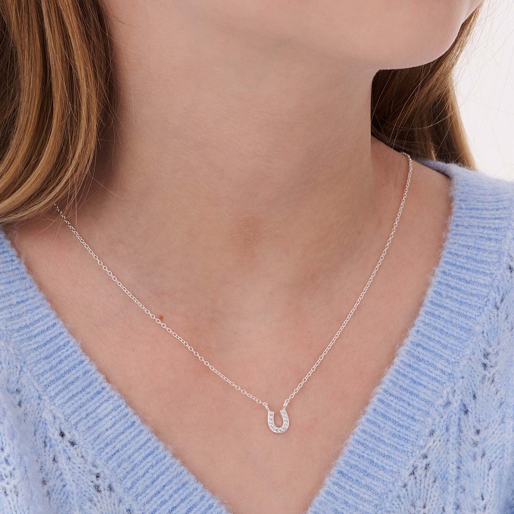 Silverhalsband för barn, hästsko vita stenar - 36+2cm