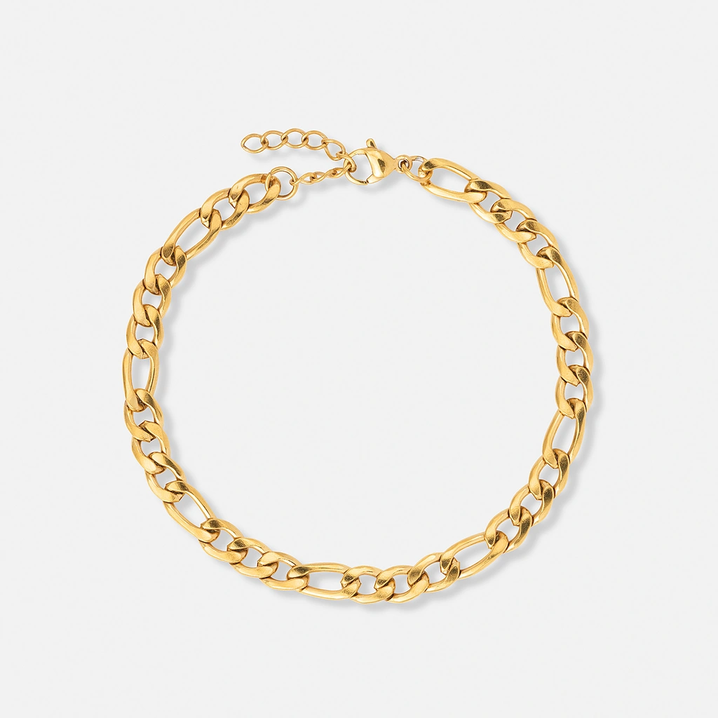 Guldfärgat stålarmband Figarolänk 5mm - 16+3cm