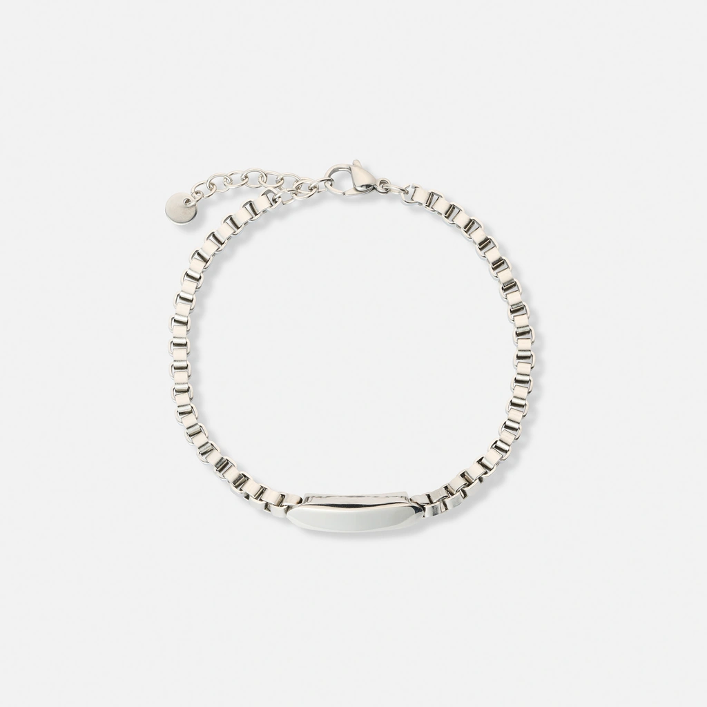 Stålarmband herr, box chain med bricka - 19+3 cm