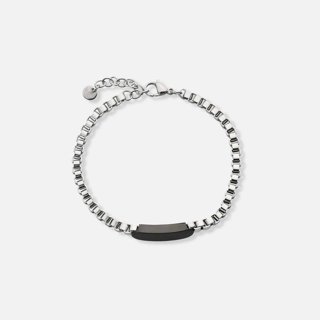 Stålarmband herr, box chain med svart bricka - 19+3 cm