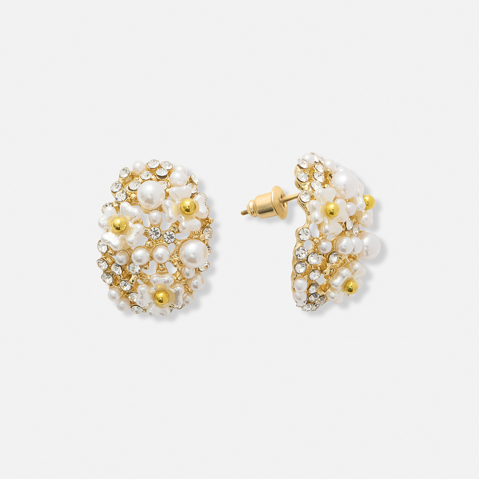 Guldfärgade örhängen, pärlor & blommor - 20 mm