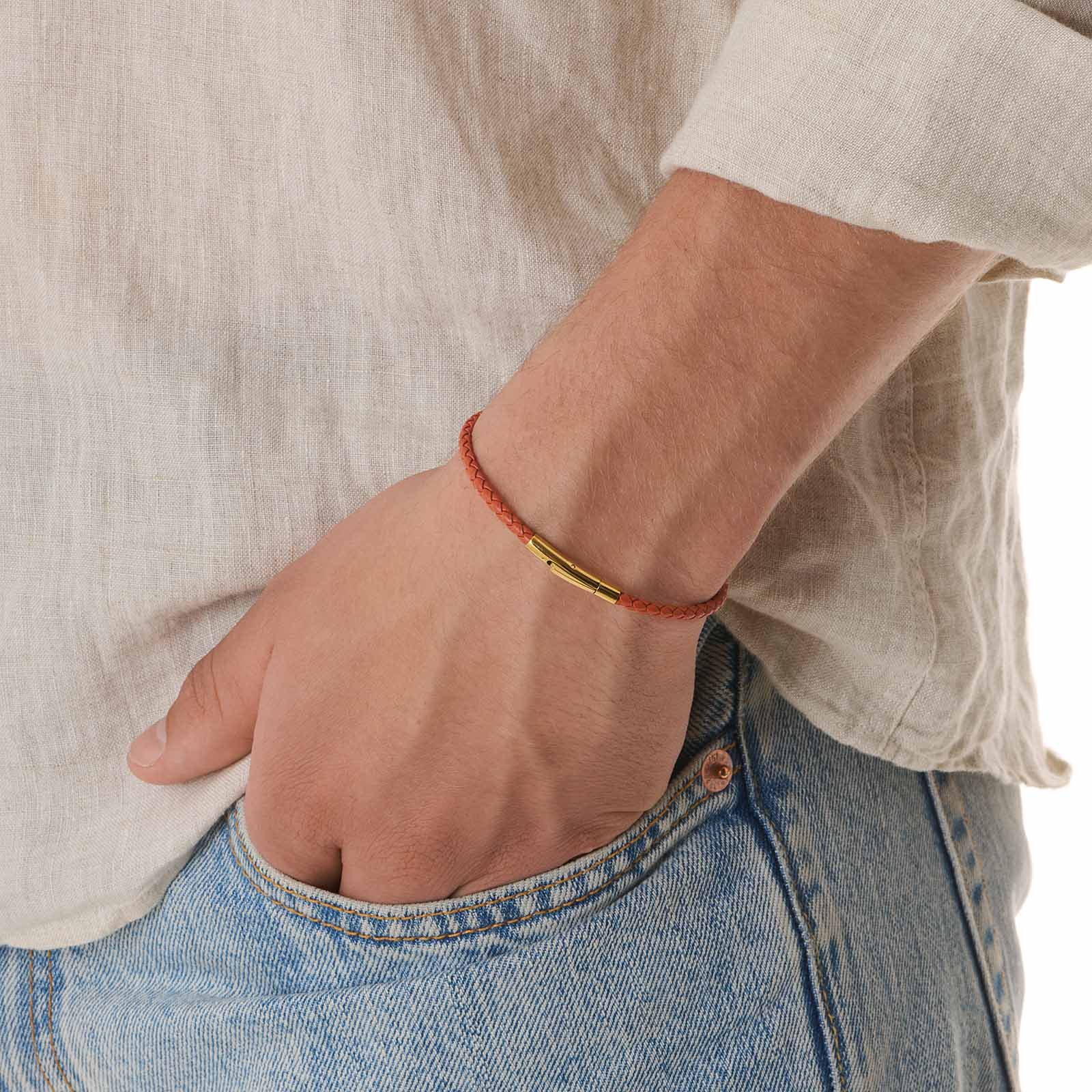 Orange läderarmband med stålspänne, 19cm