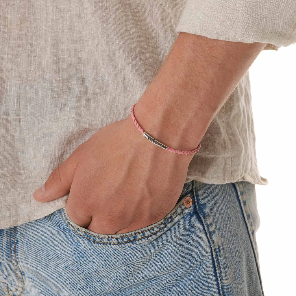 Ljusrosa läderarmband med stålspänne, 18cm