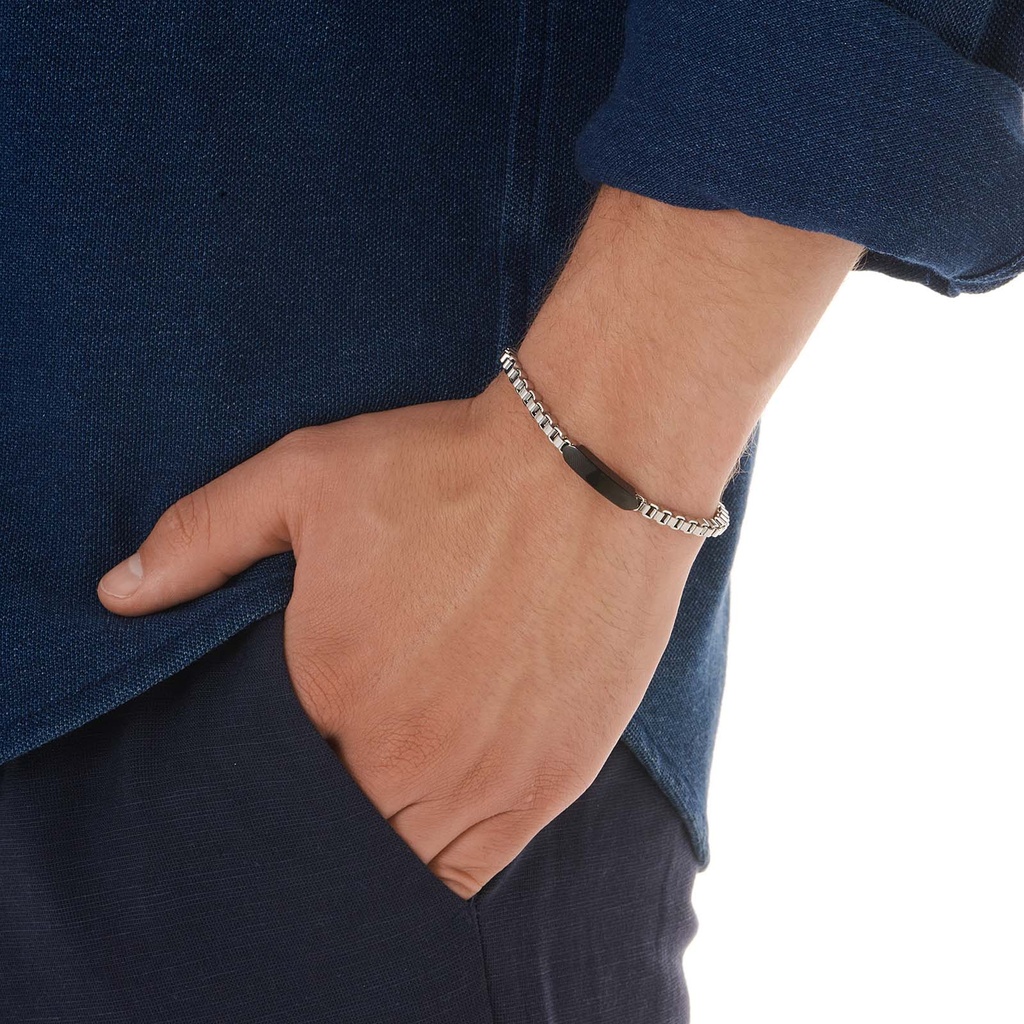 Stålarmband herr, box chain med svart bricka - 19+3 cm