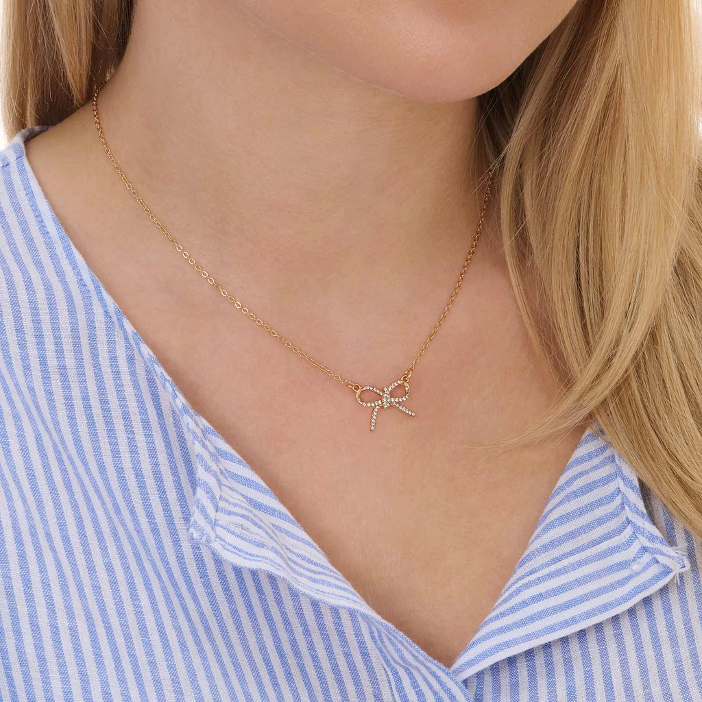 Guldfärgat halsband, rosett med kristaller - 42+7 cm