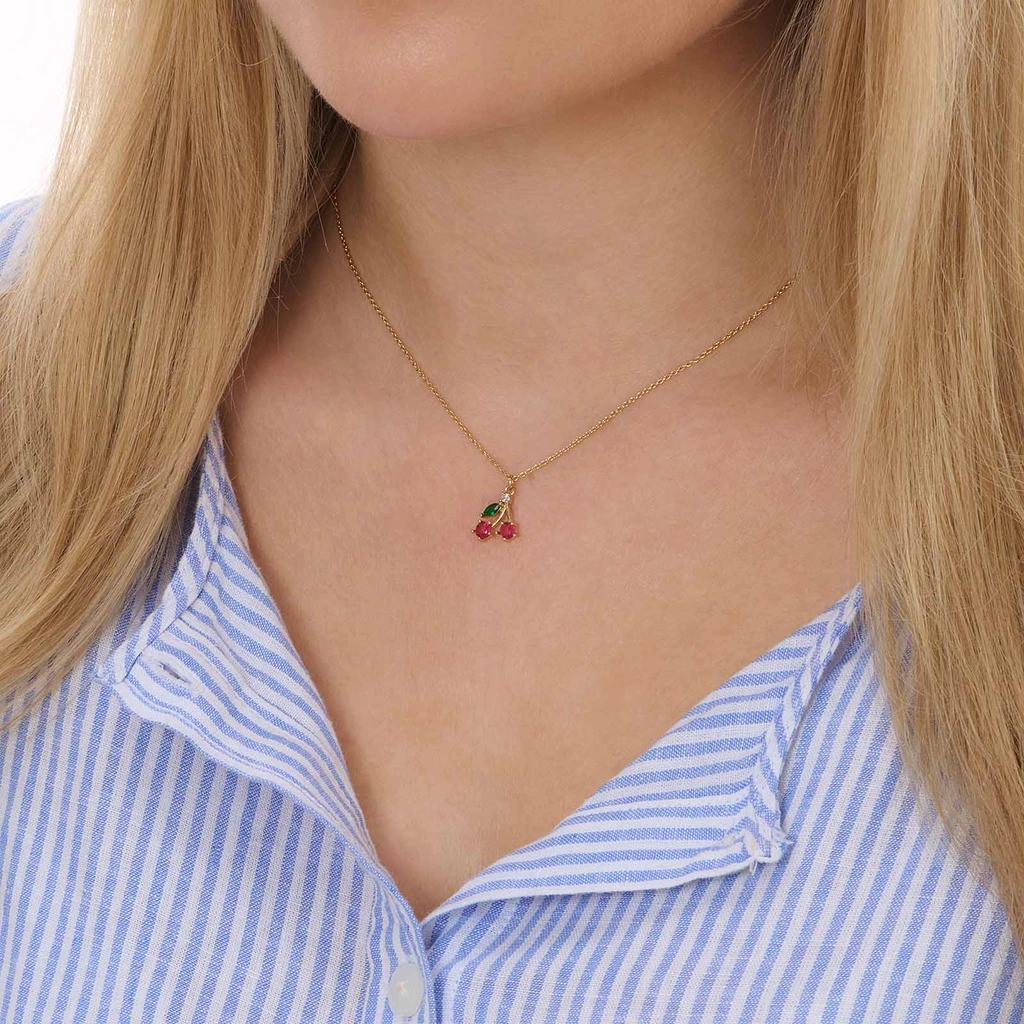 Guldfärgat halsband, körsbär med blad - 42+7 cm