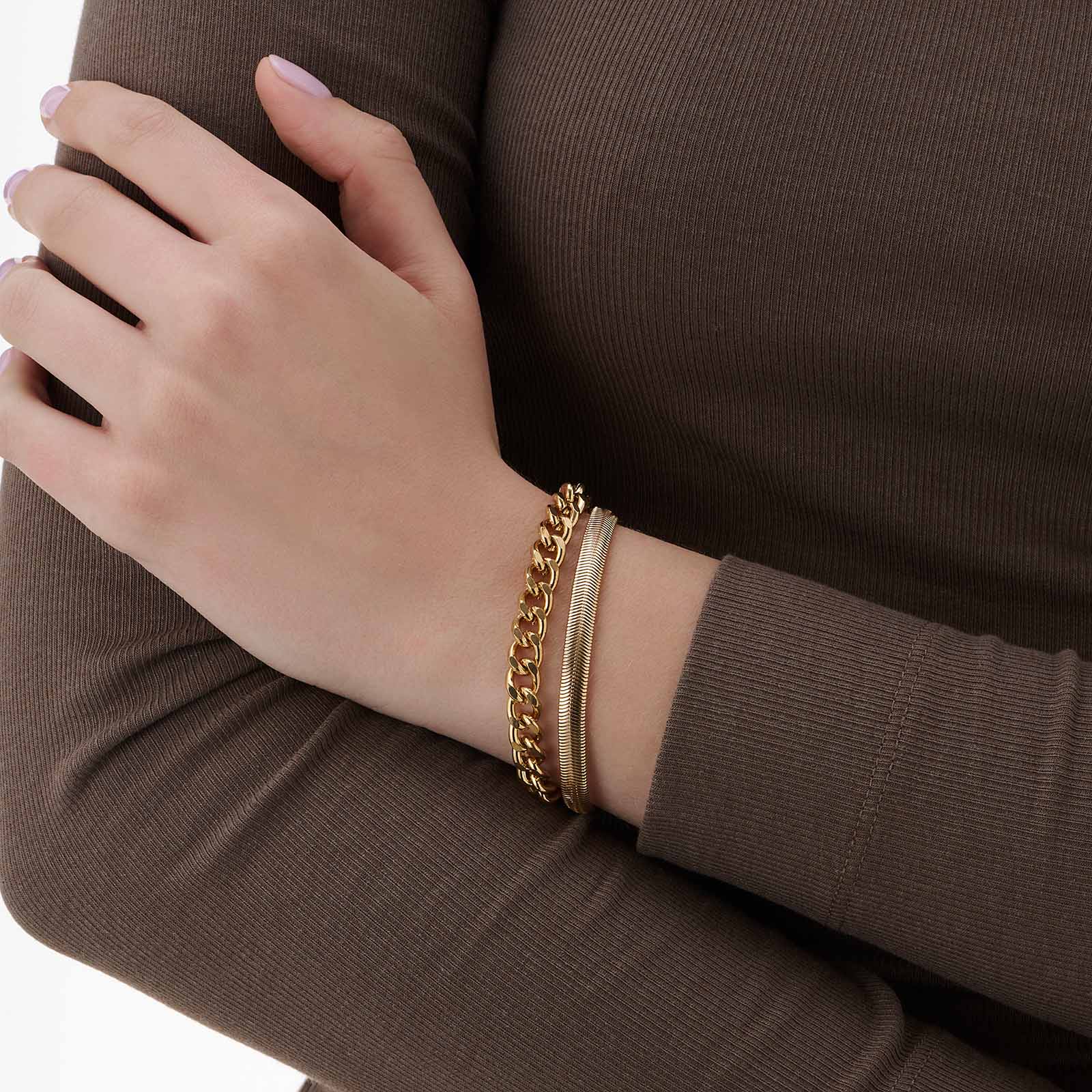 2-radigt guldfärgat armband, tjocka kedjor - 17+5 cm