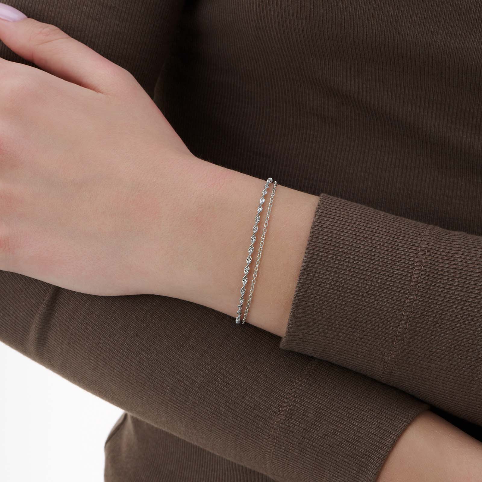 2-radigt silverfärgat armband, singapore & pansar - 19+5 cm