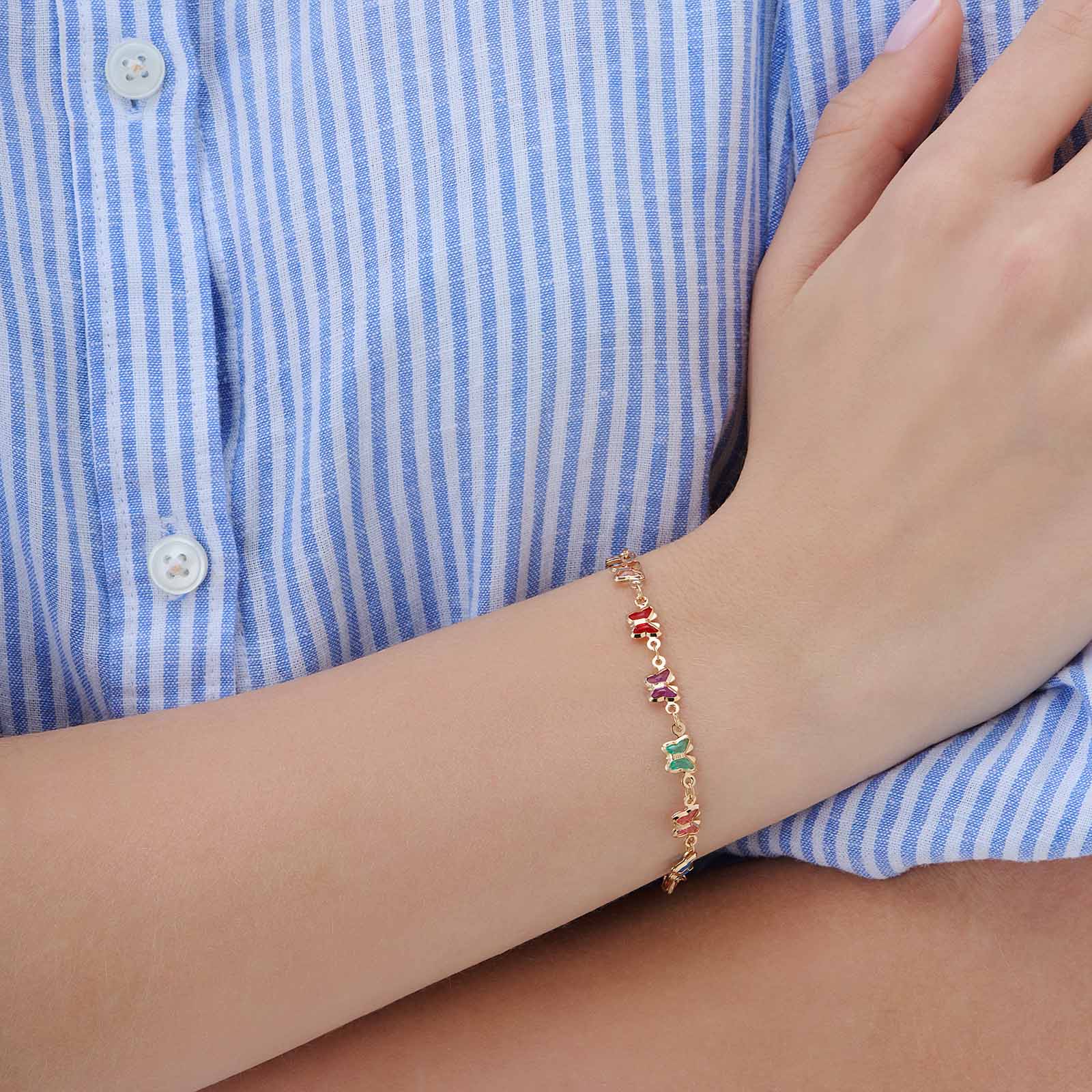 Guldfärgat armband, färgglada fjärilar - 17+5 cm