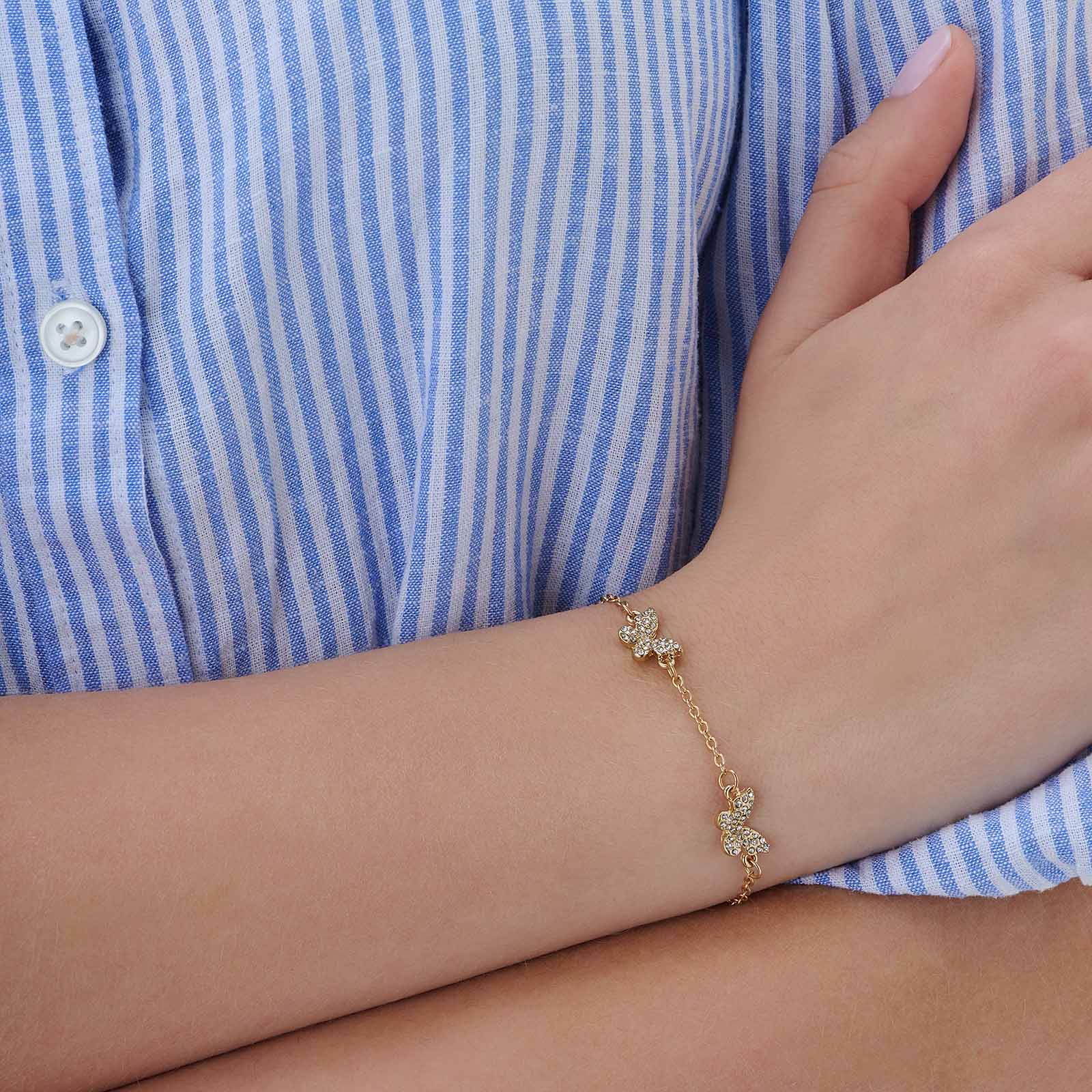 Guldfärgat armband, fjärilar med kristaller - 17+5 cm