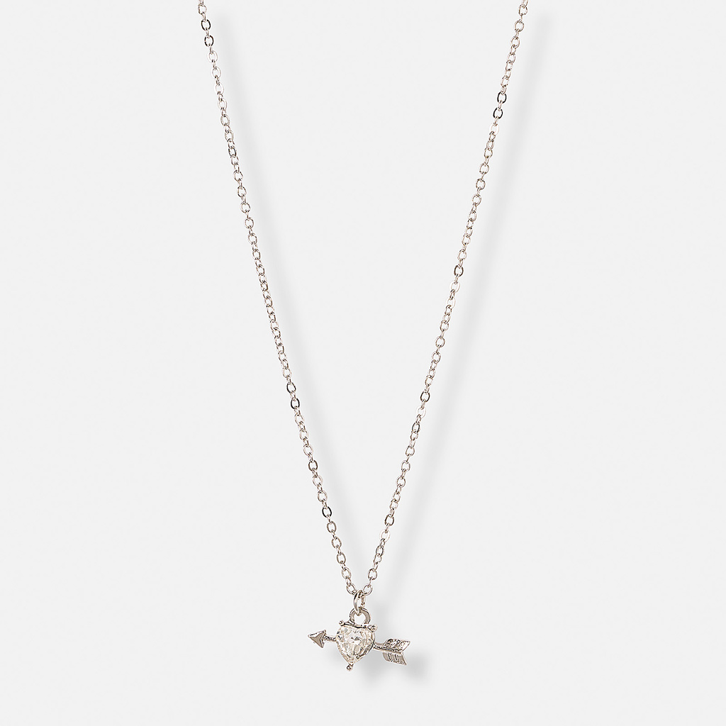 Silverfärgat halsband, hjärtformad sten & pil - 42+7 cm