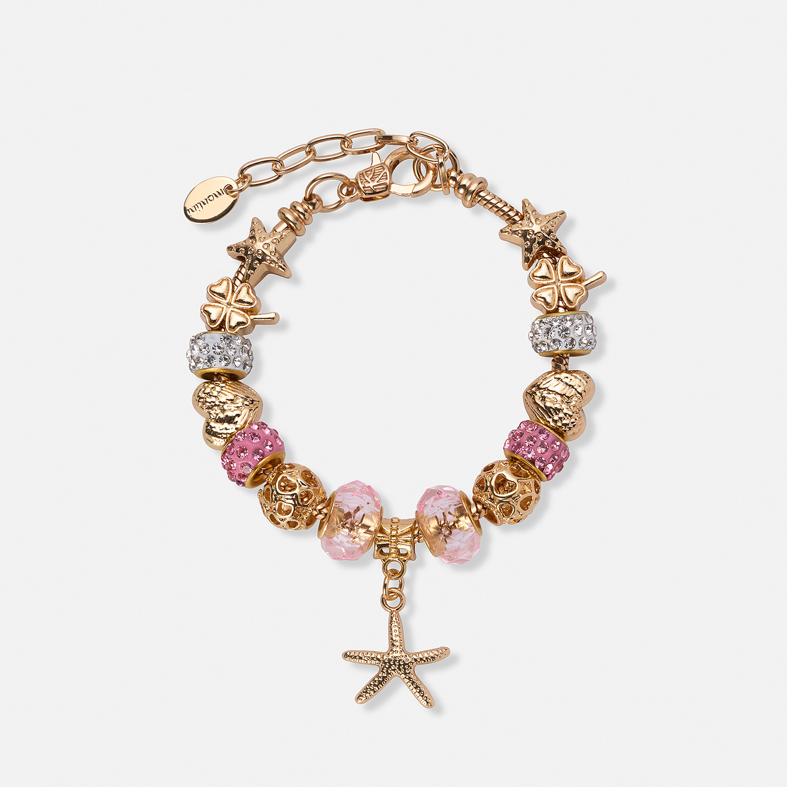 Guldfärgat armband, rosa detaljer & sjöstjärna - 18+5 cm