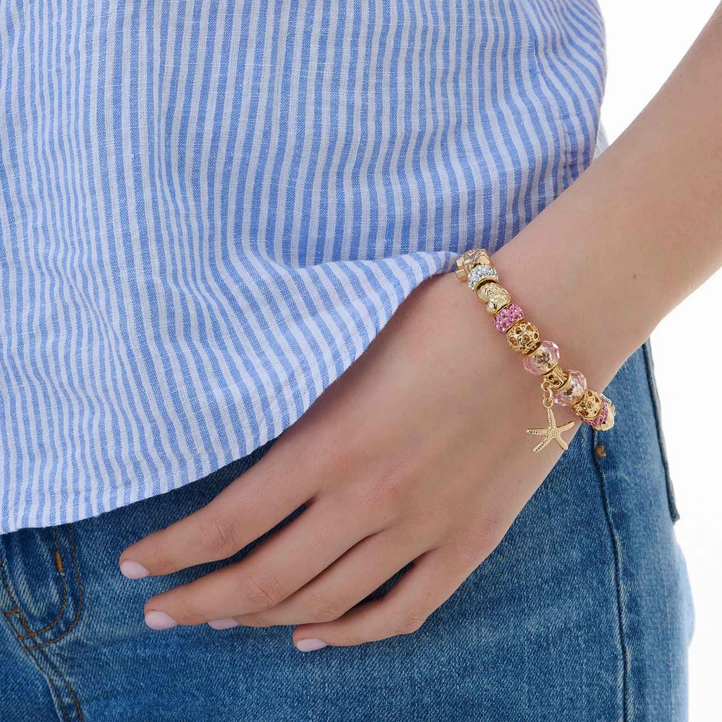 Guldfärgat armband, rosa detaljer & sjöstjärna - 18+5 cm
