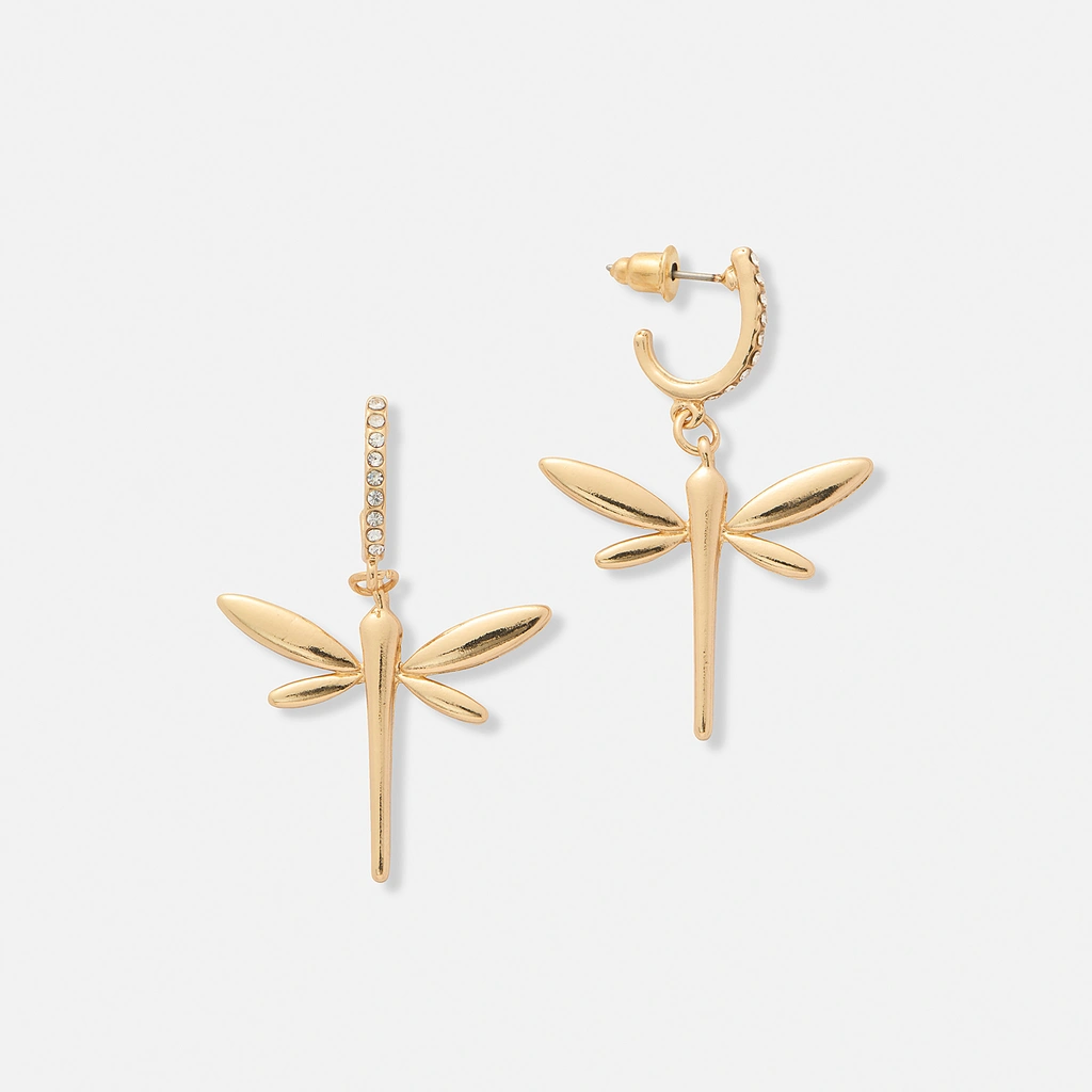 Guldfärgade örhängen, hängande sländor - 42 mm