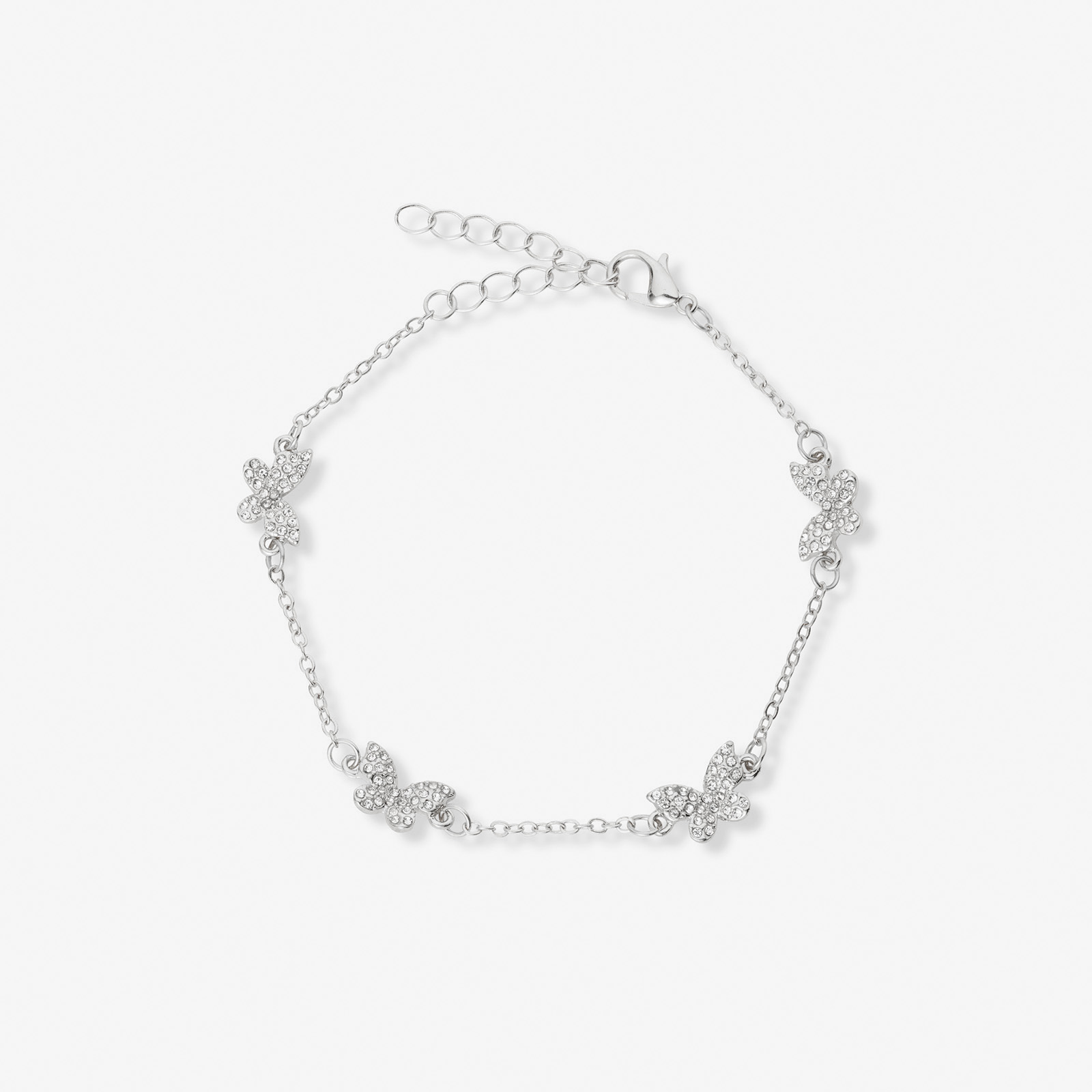 Silverfärgat armband, fjärilar med kristaller - 17+5 cm