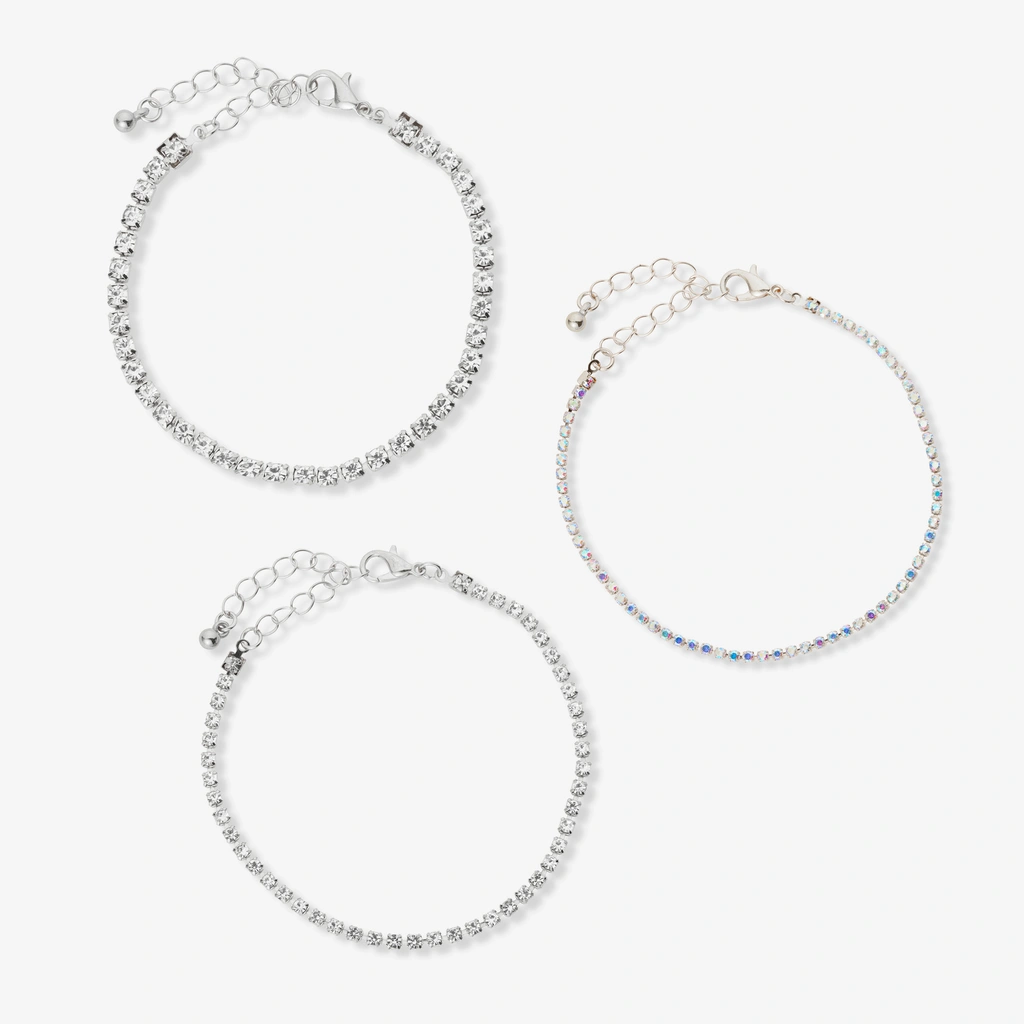 3-pack silverfärgade tennisarmband - 17+5 cm