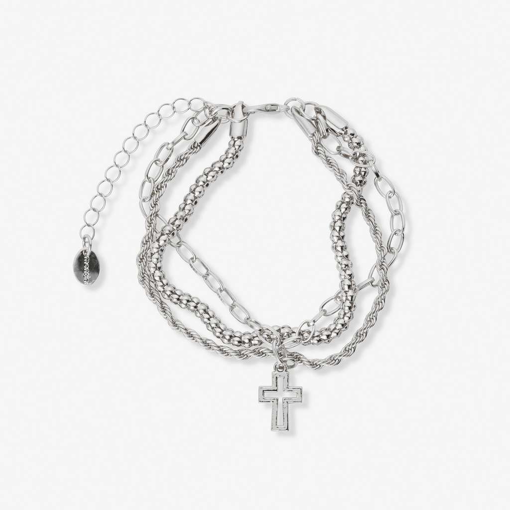 3-radigt silverrfärgat armband, kors - 18+5 cm