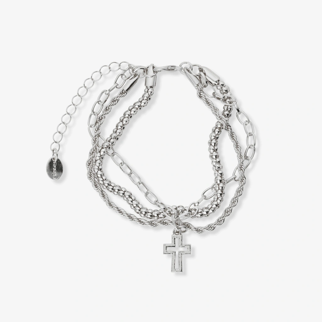 3-radigt silverrfärgat armband, kors - 18+5 cm