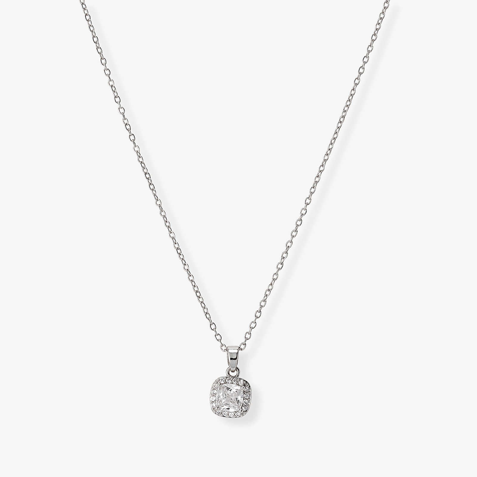 Silverfärgat halsband, fyrkantig sten med halo - 42+7 cm