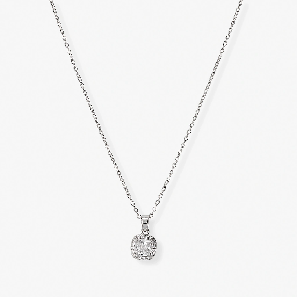 Silverfärgat halsband, fyrkantig sten med halo - 42+7 cm