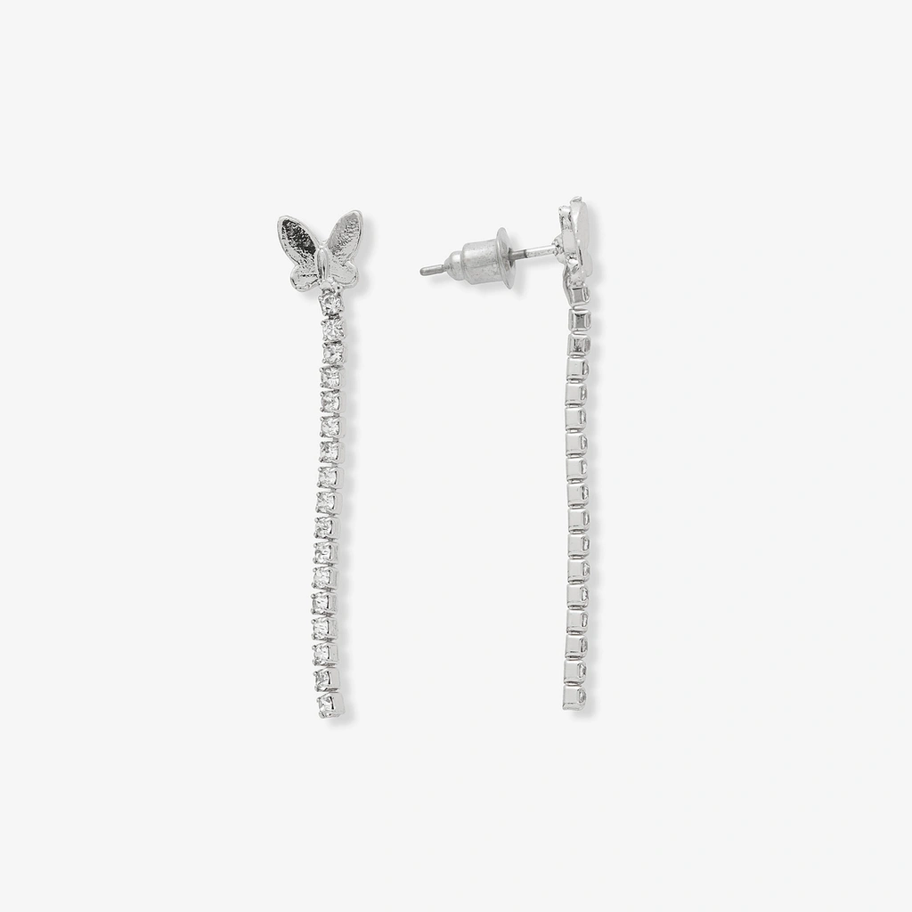 Silverfärgade örhängen, fjäril med strasshänge - 40 mm