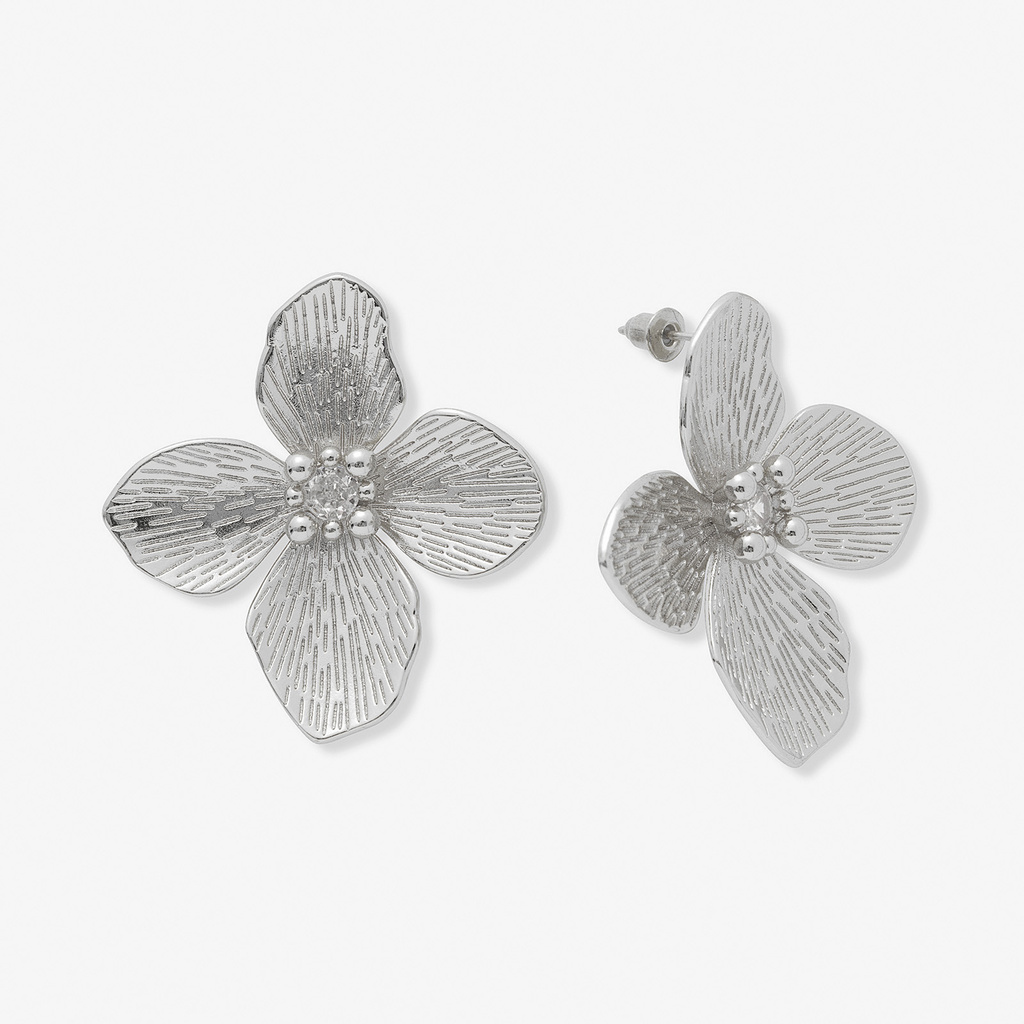 Silverfärgade örhängen, stora blommor med kristall - 43 mm