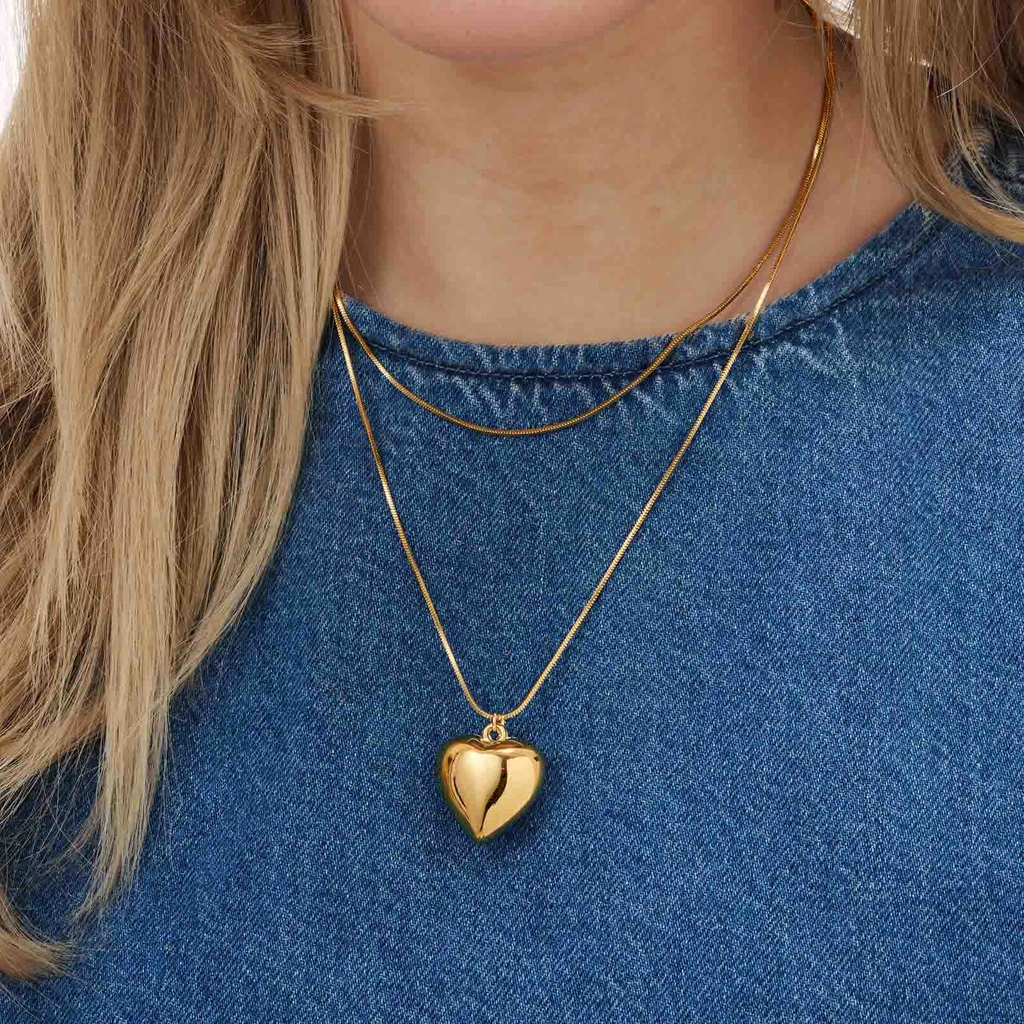 Guldfärgat tvåradigt halsband, hjärta, 36-46+7cm