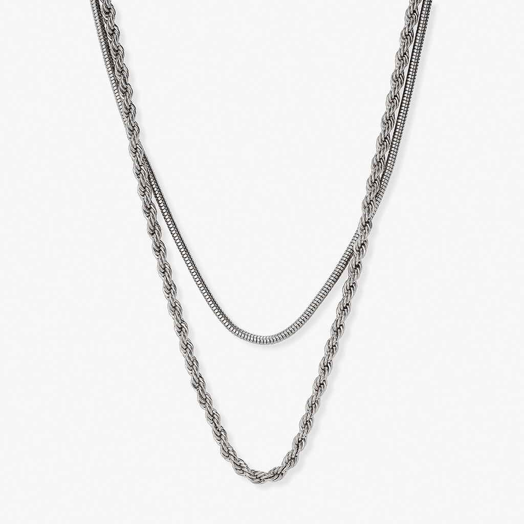 Silverfärgat tvåradigt halsband, 45-48+7cm