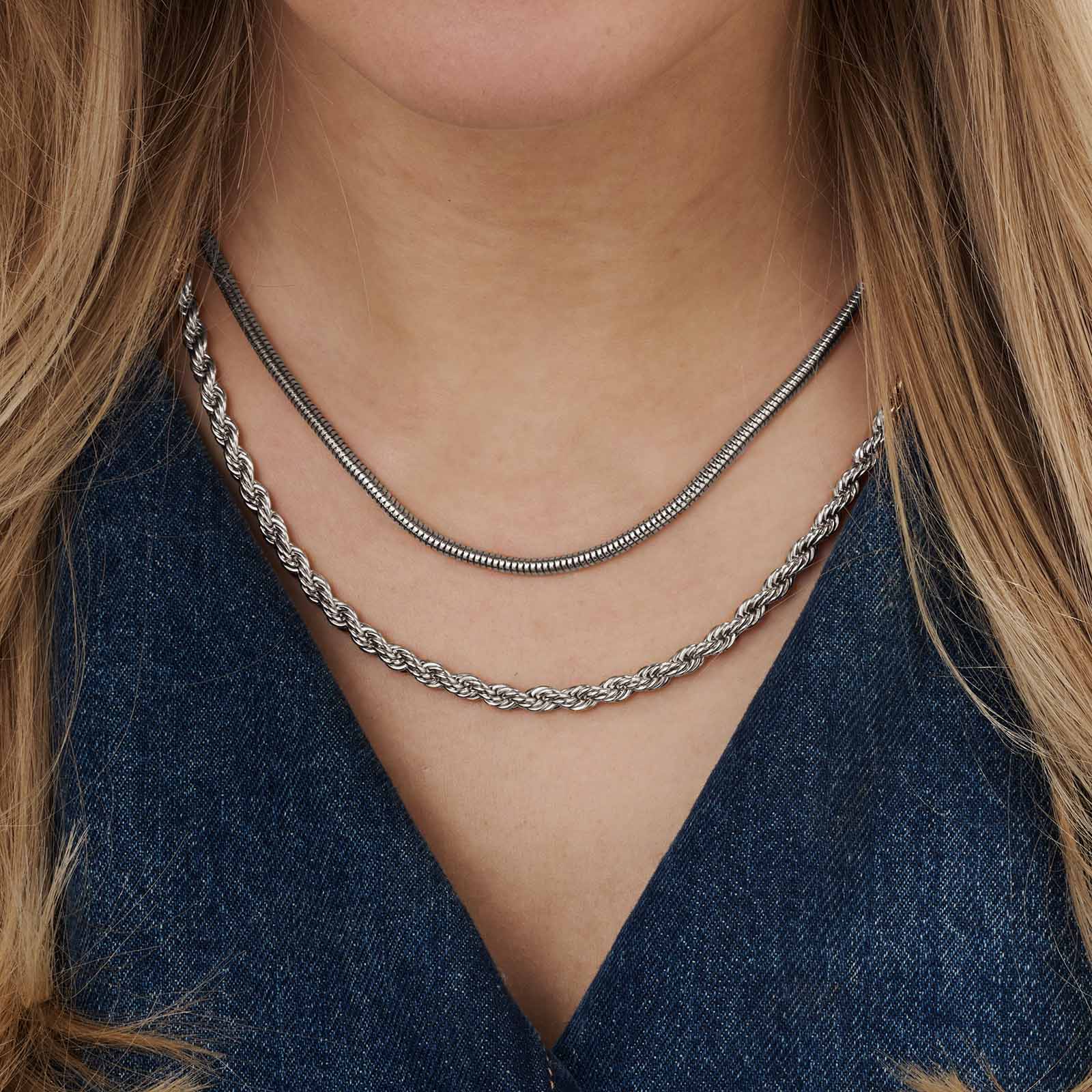 Silverfärgat tvåradigt halsband, 45-48+7cm