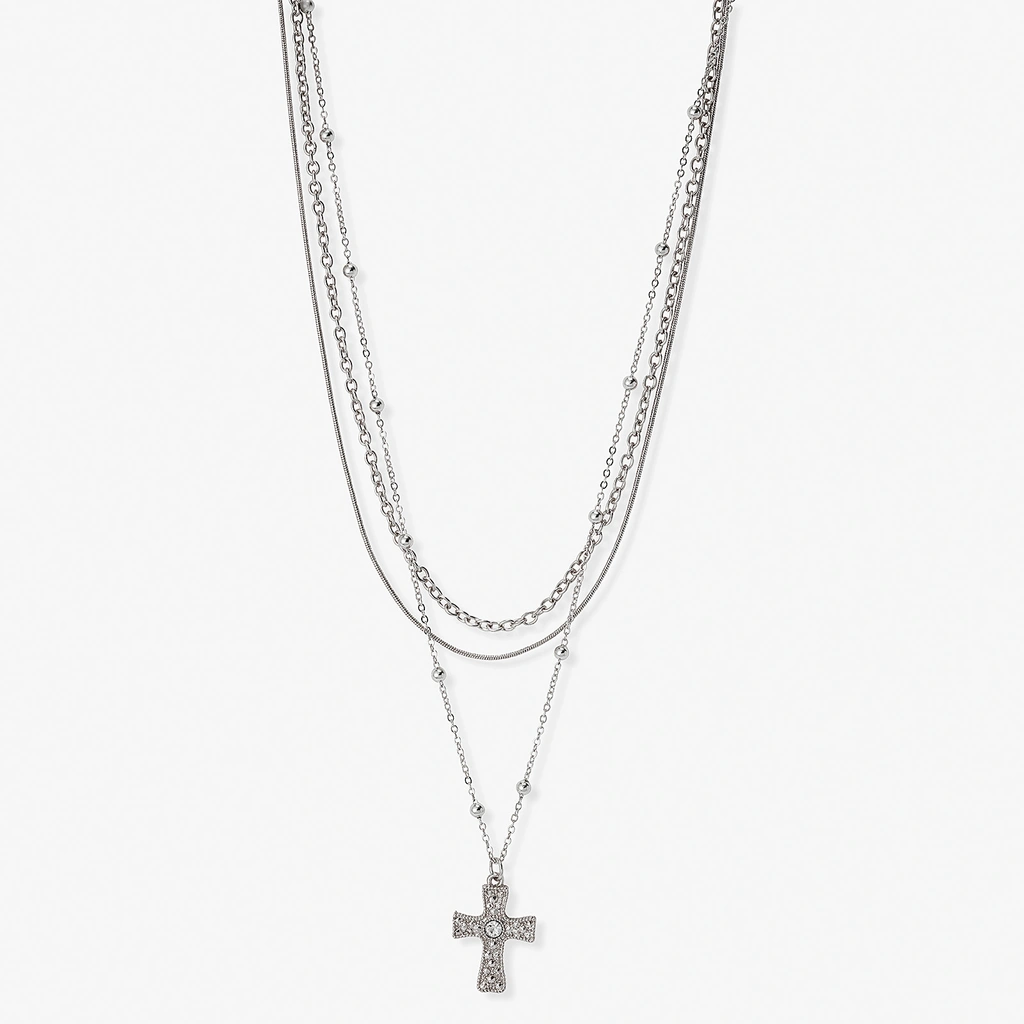 Silverfärgat treradigt halsband, kors, 38-50+7cm
