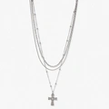 Silverfärgat treradigt halsband, kors, 38-50+7cm
