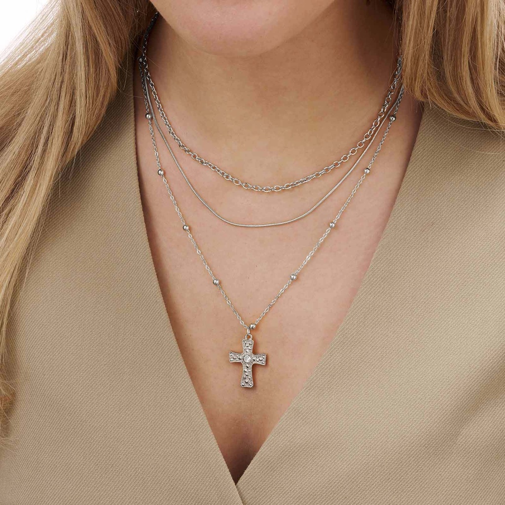 Silverfärgat treradigt halsband, kors, 38-50+7cm