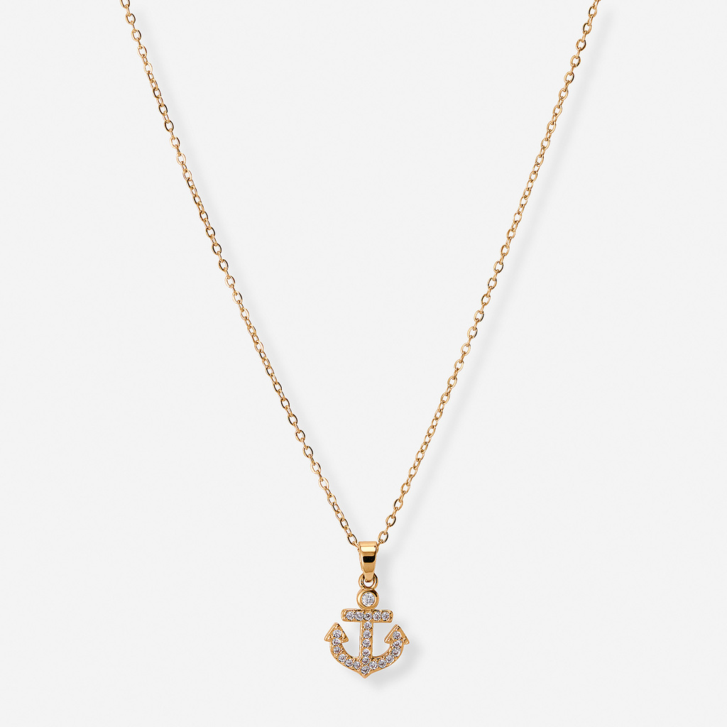 Guldfärgat halsband, ankare med stenar, 42+7cm