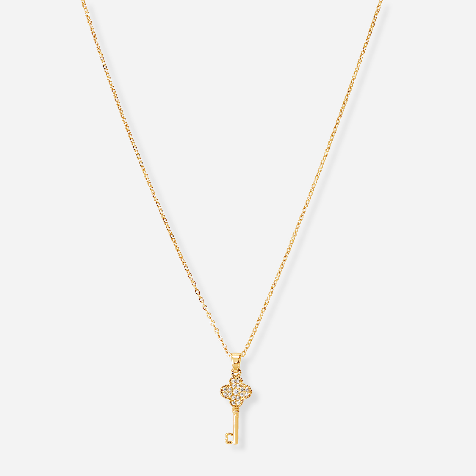 Guldfärgat halsband, nyckel & fyrklöver - 42+7 cm