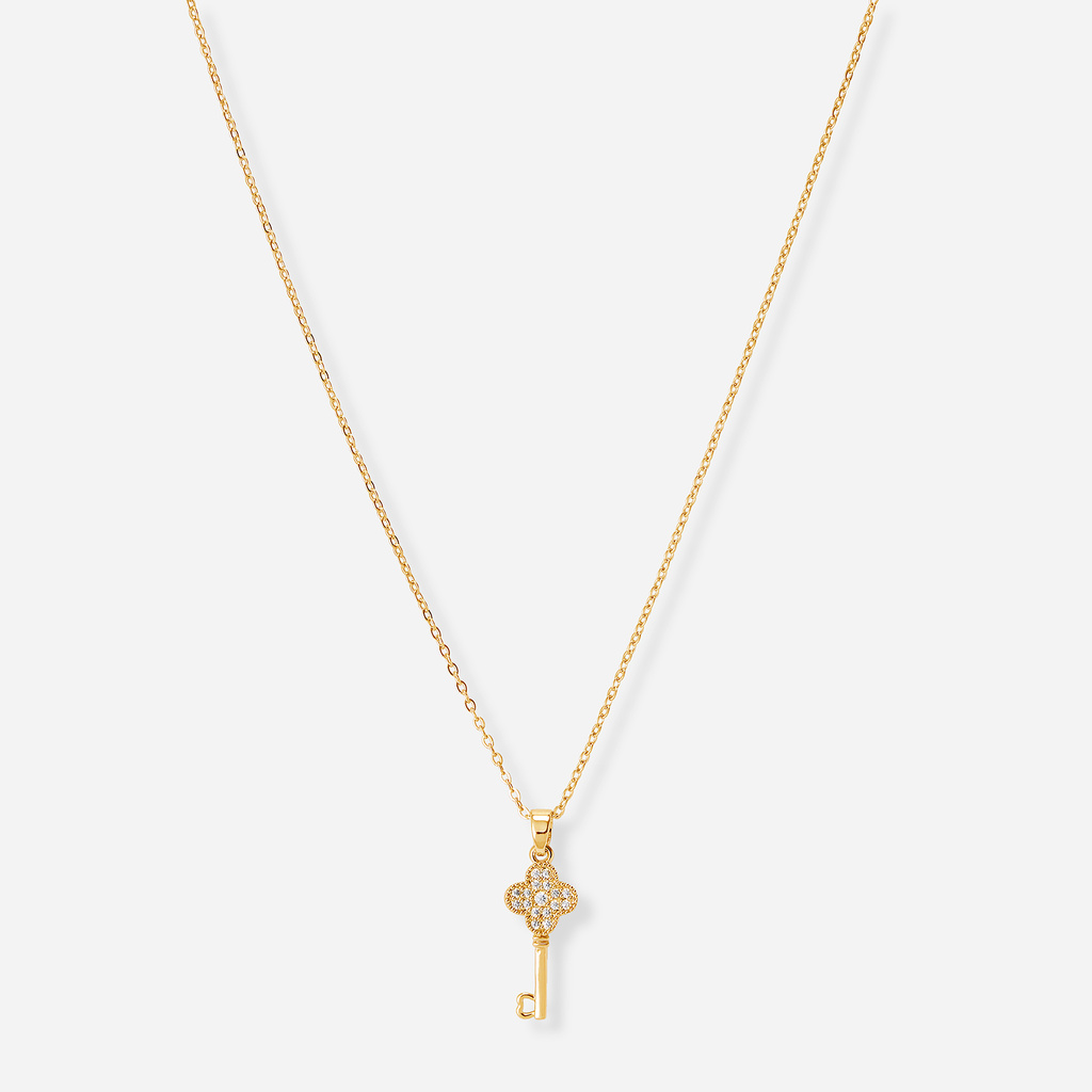 Guldfärgat halsband, nyckel & fyrklöver - 42+7 cm